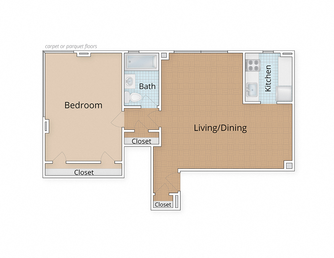 Floor plan for 1 bed, 1 bath, 664 sqft